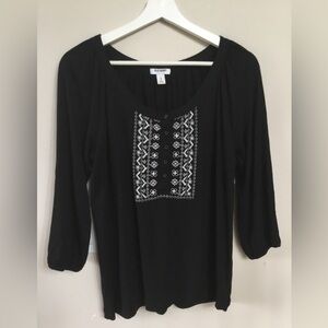 Old Navy Black Long Sleeve Scoop Neck Top with White Embroidery